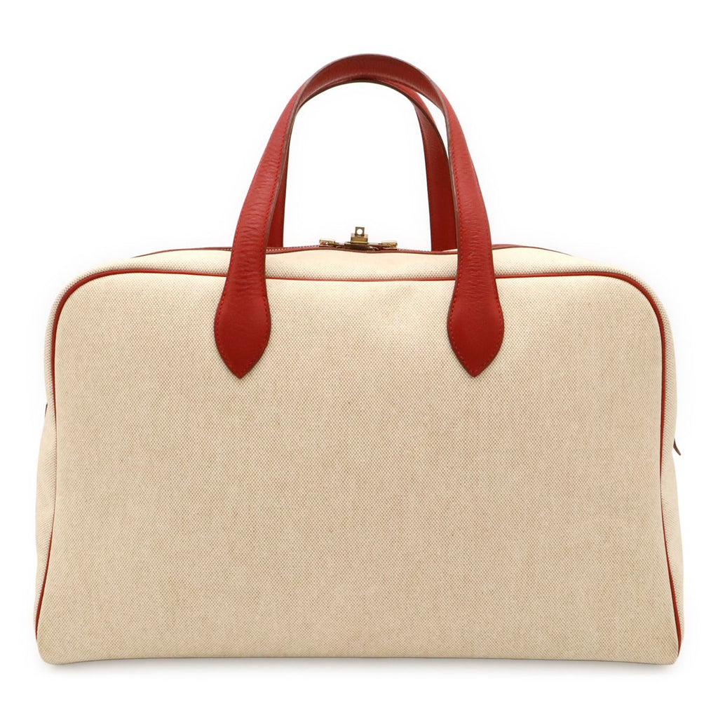 Hermes Boston Bag Purse Travelbag Toile H Leather Beige