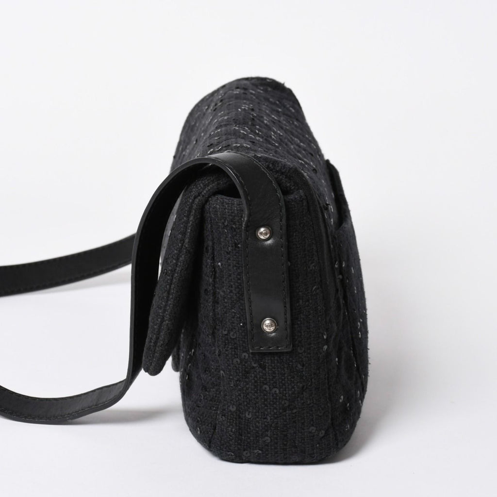 Chanel 2.55 Shoulder Bag CC Logo Sequins Canvas Leather Black — view 4