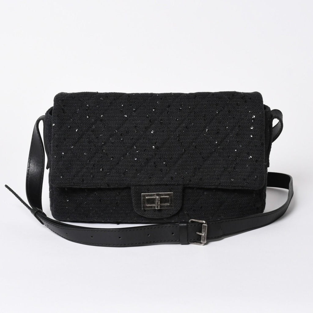 Chanel 2.55 Shoulder Bag CC Logo Sequins Canvas Leather Black