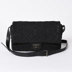 Chanel 2.55 Shoulder Bag CC Logo Sequins Canvas Leather Black
