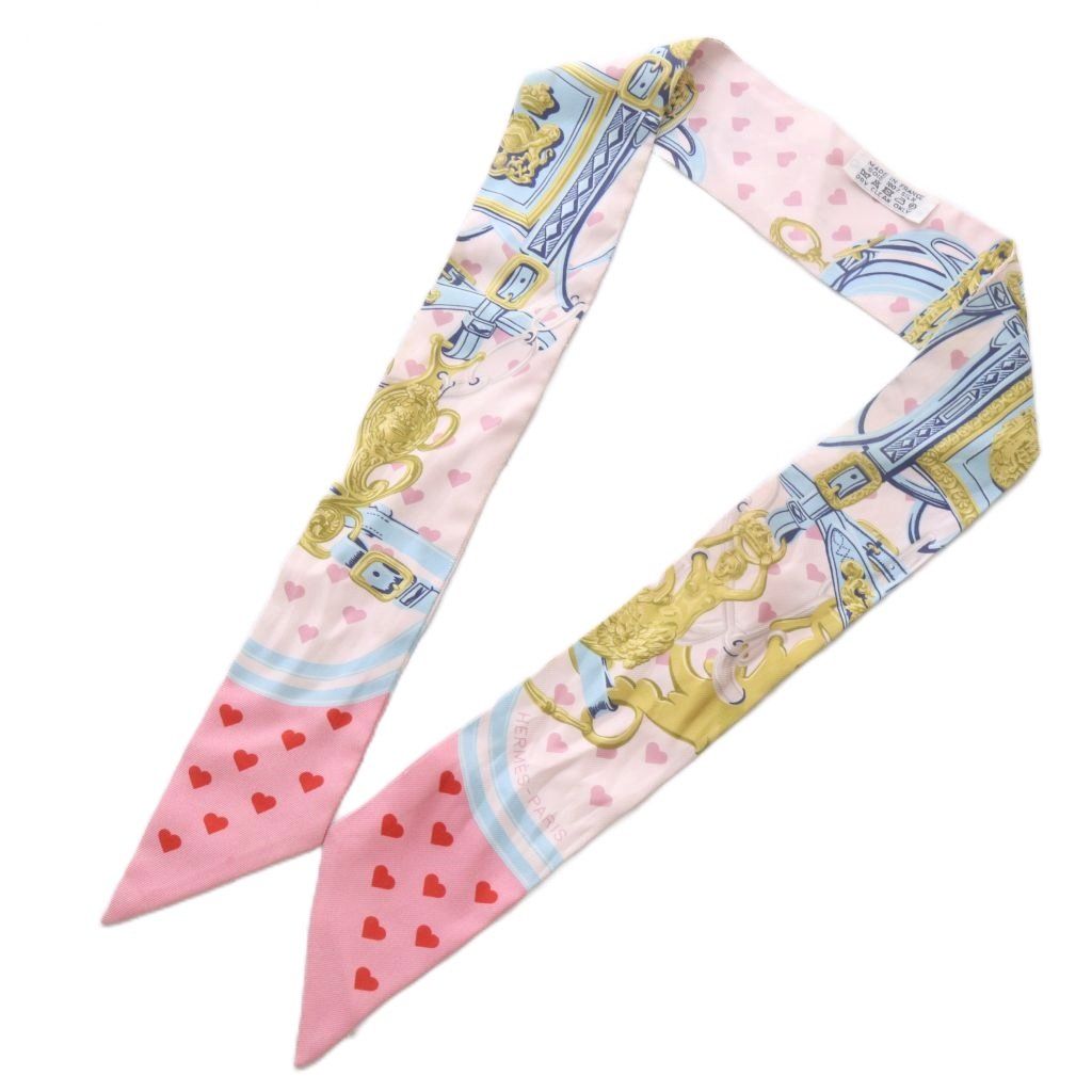 Hermes Twilly Scarf Brid Gala Love Heart Pattern Silk Pink