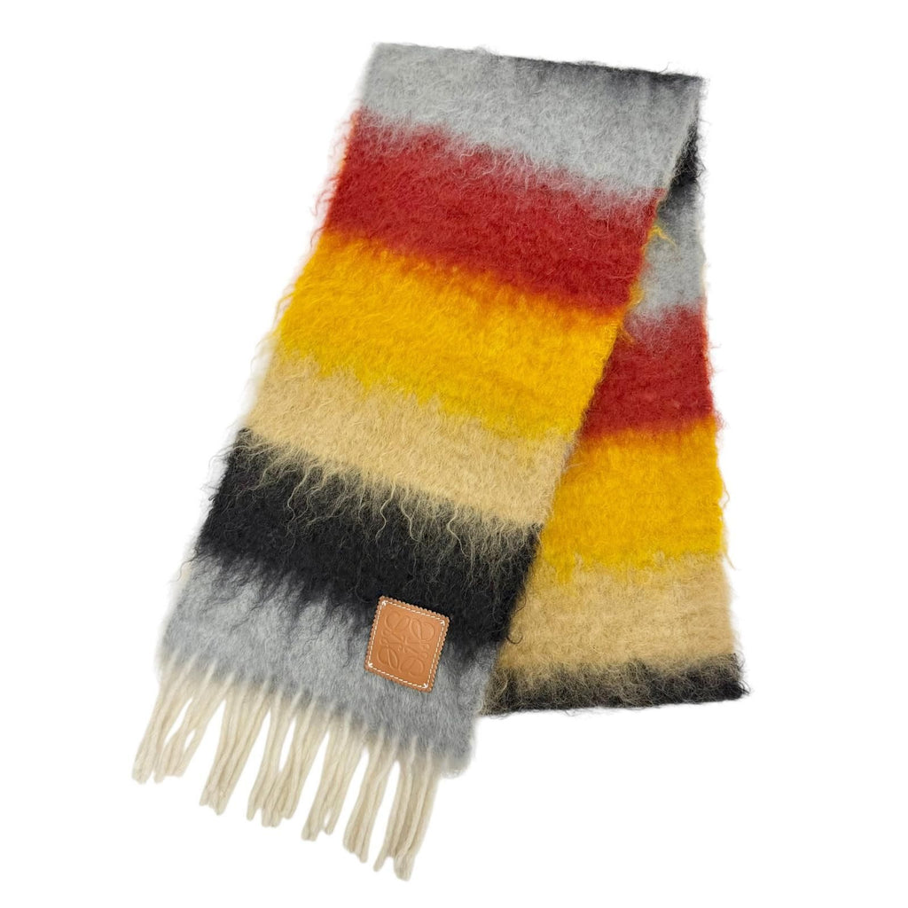 Loewe Mohair Wool Anagram Leather Patch Border Pattern Fringe Long Scarf