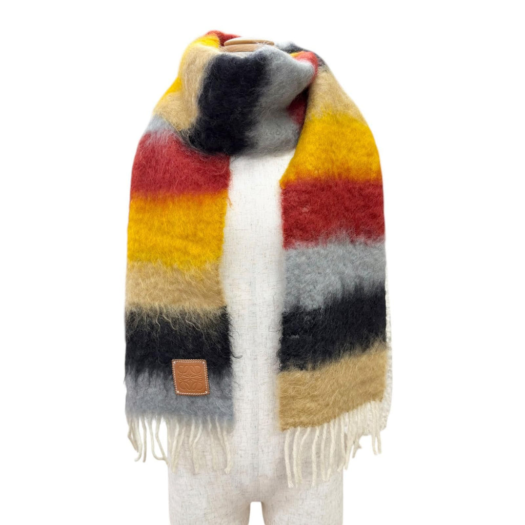 Loewe Mohair Wool Anagram Leather Patch Border Pattern Fringe Long Scarf — view 2