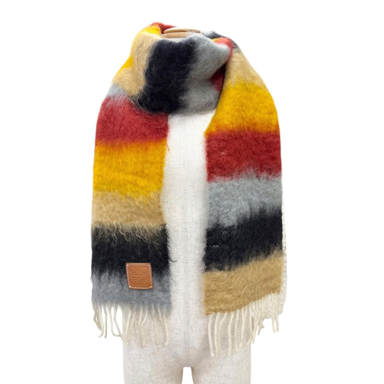 Loewe Mohair Wool Anagram Leather Patch Border Pattern Fringe Long Scarf — view 2