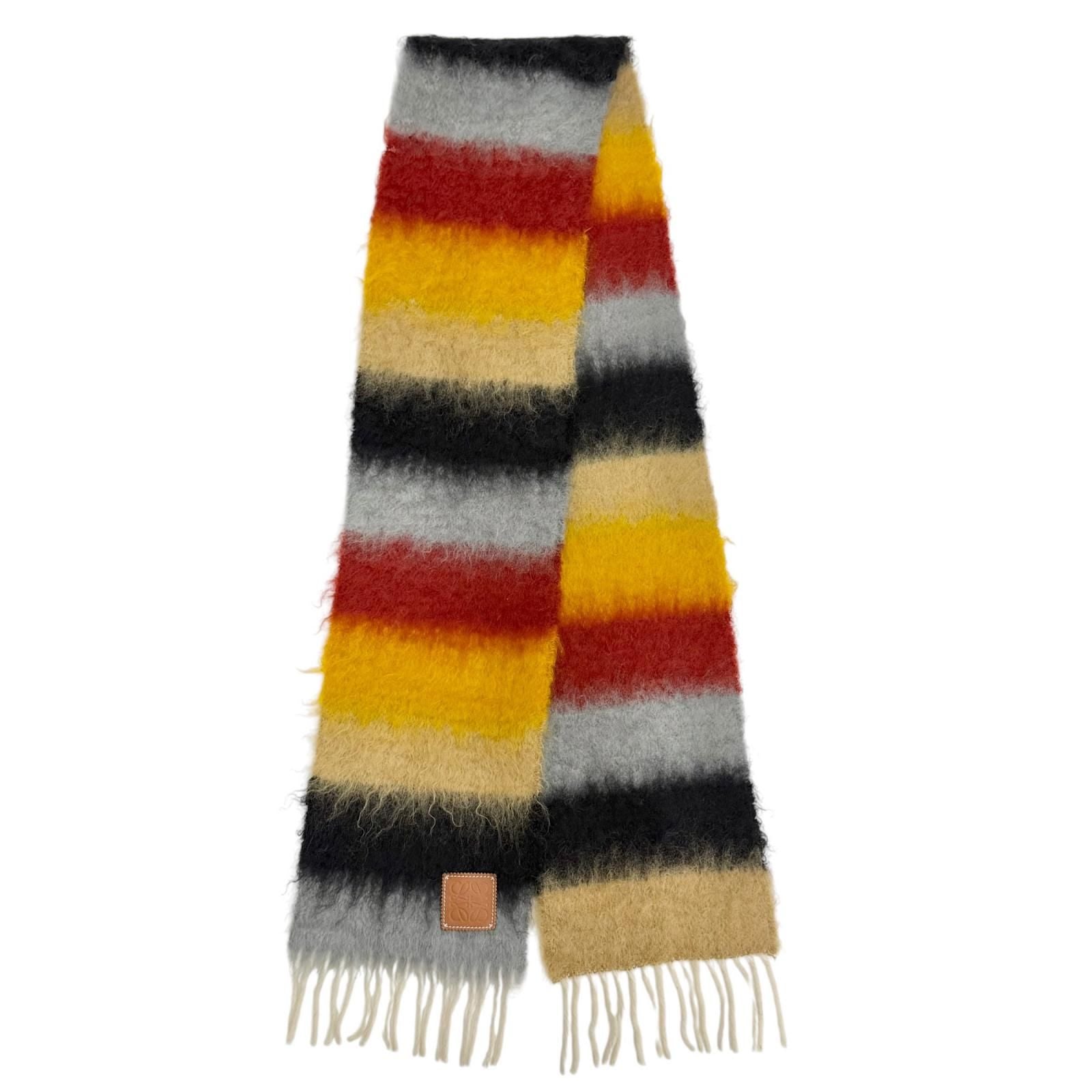 Loewe Mohair Wool Anagram Leather Patch Border Pattern Fringe Long Scarf — view 3