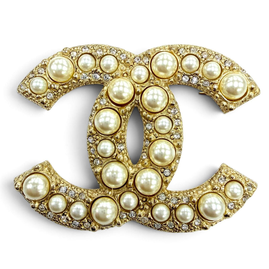 Chanel Metal CC Logo Faux Pearl Brooch Gold