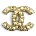 Chanel Metal CC Logo Faux Pearl Brooch Gold