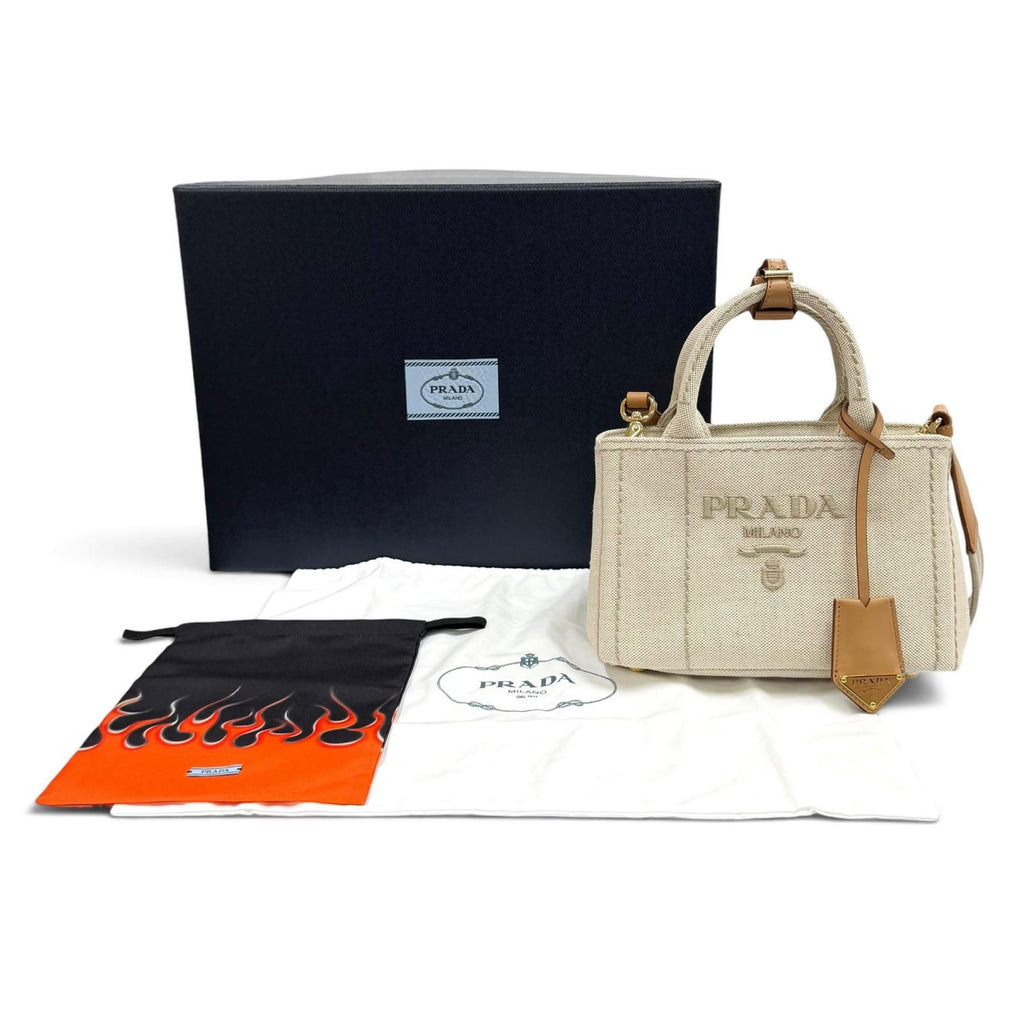 Prada Canapa Ricamo Jardiniere Linen Blend Mini Handbag Natural — view 2
