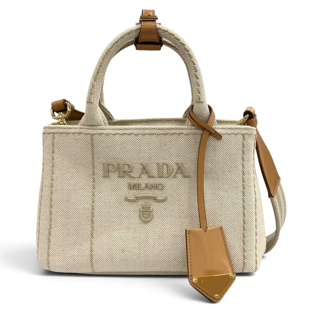 Prada Canapa Ricamo Jardiniere Linen Blend Mini Handbag Natural