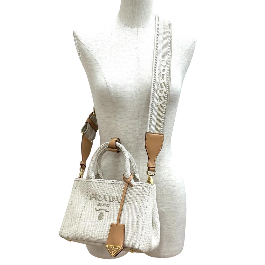 Prada Canapa Ricamo Jardiniere Linen Blend Mini Handbag Natural — view 3