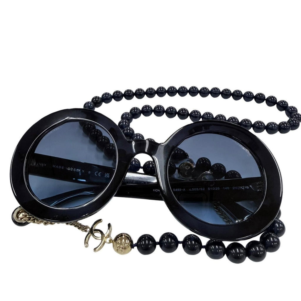 Chanel CC Logo Round Shape Sunglasses with Pearl Chain Dark Navy Demo Lens