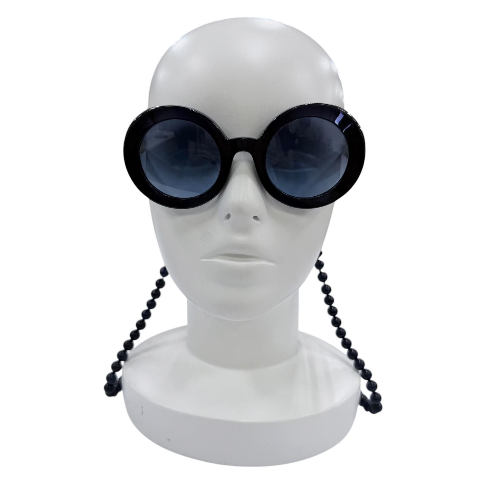 Chanel CC Logo Round Shape Sunglasses with Pearl Chain Dark Navy Demo Lens — view 3
