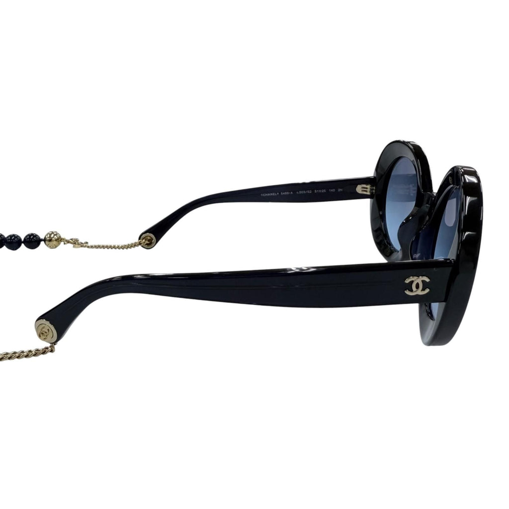 Chanel CC Logo Round Shape Sunglasses with Pearl Chain Dark Navy Demo Lens — view 6