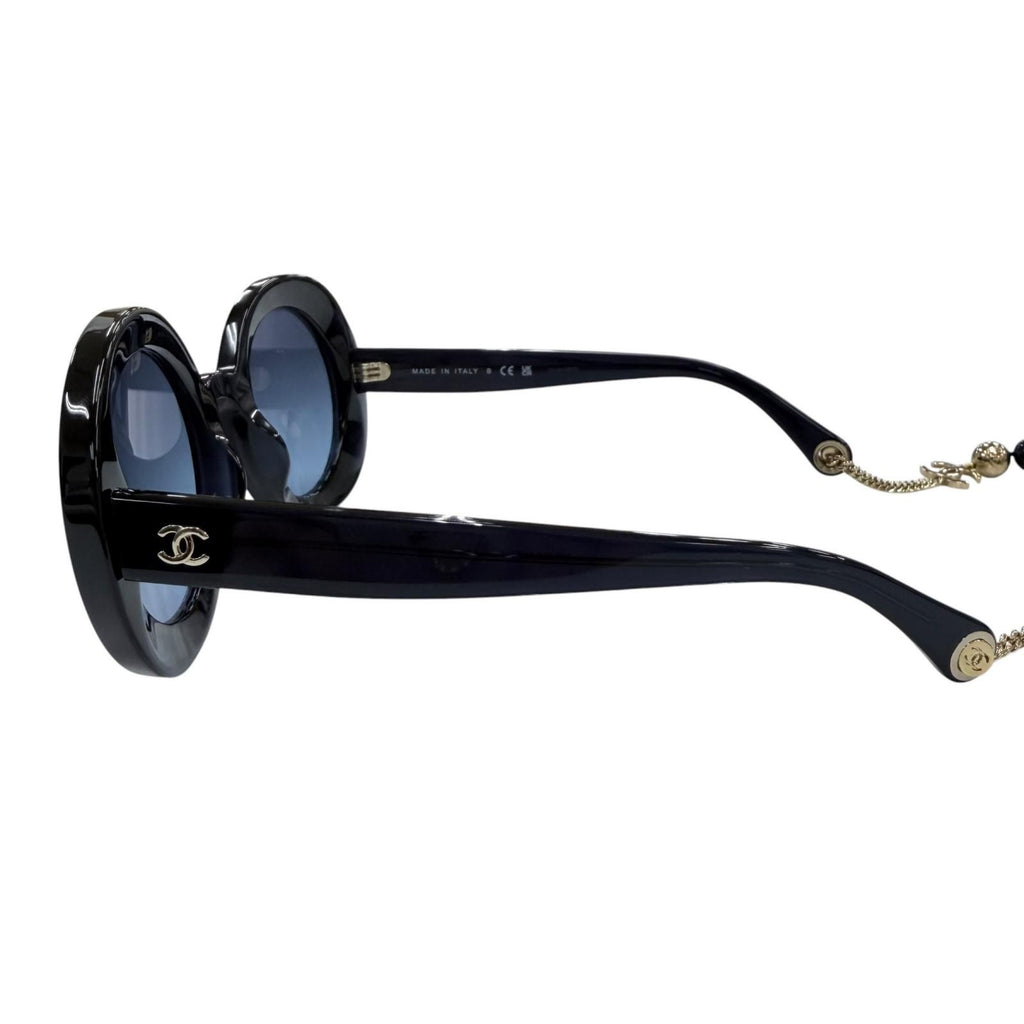 Chanel CC Logo Round Shape Sunglasses with Pearl Chain Dark Navy Demo Lens — view 5