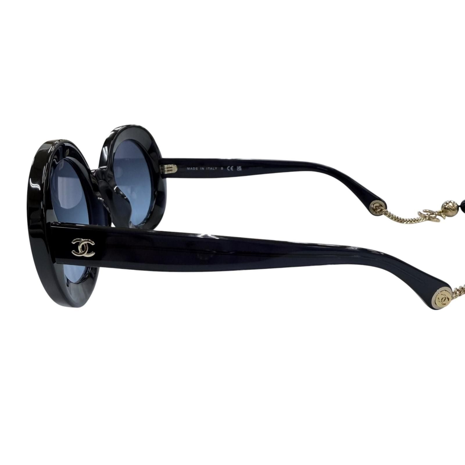 Chanel CC Logo Round Shape Sunglasses with Pearl Chain Dark Navy Demo Lens — view 5