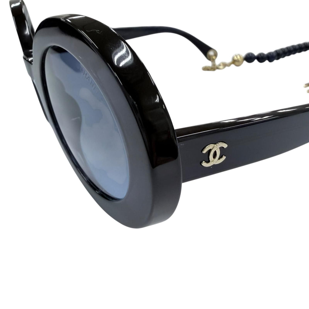 Chanel CC Logo Round Shape Sunglasses with Pearl Chain Dark Navy Demo Lens — view 8