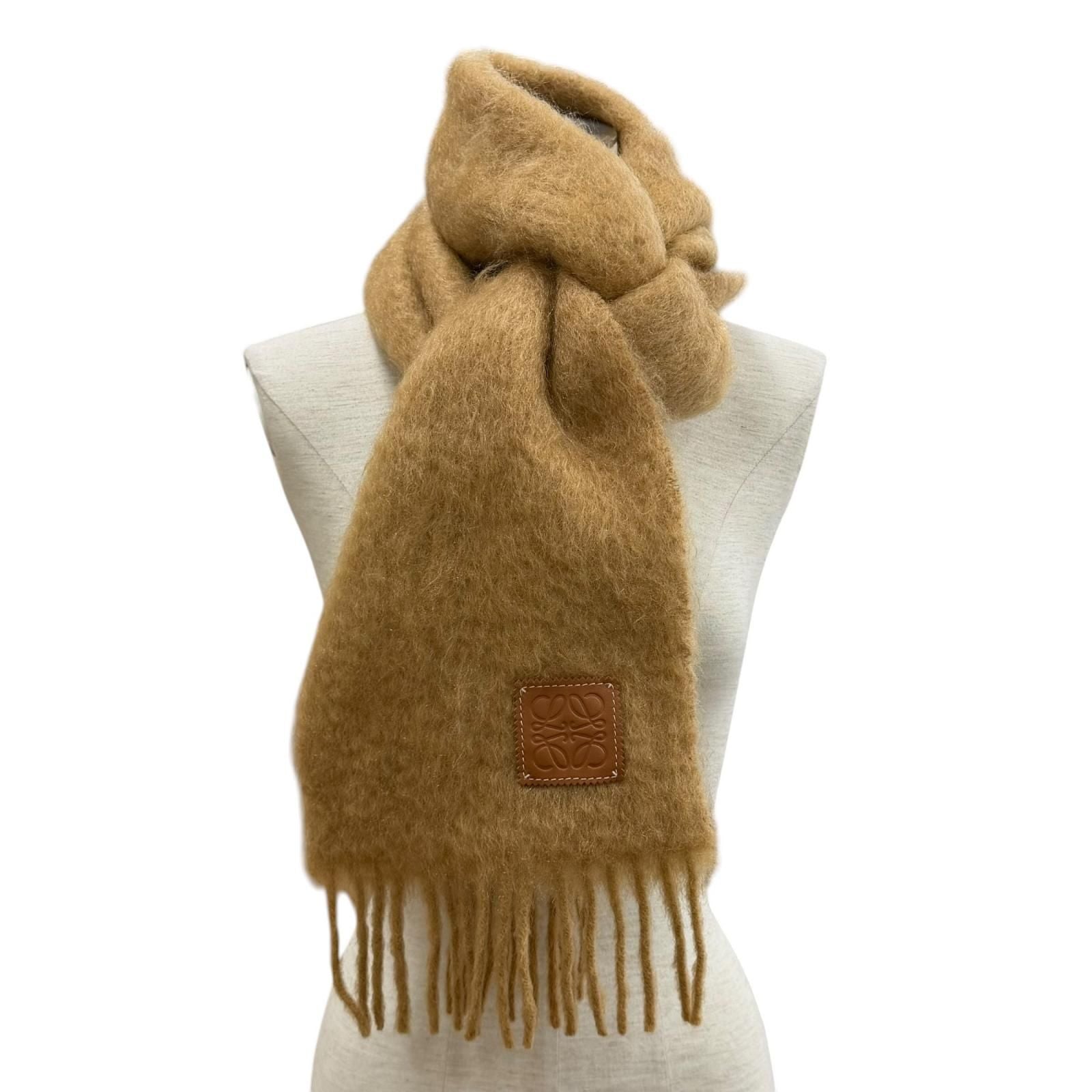 Loewe a Mohair Wool Blend Leather Anagram Patch with Fringe Scarf Brown — view 2