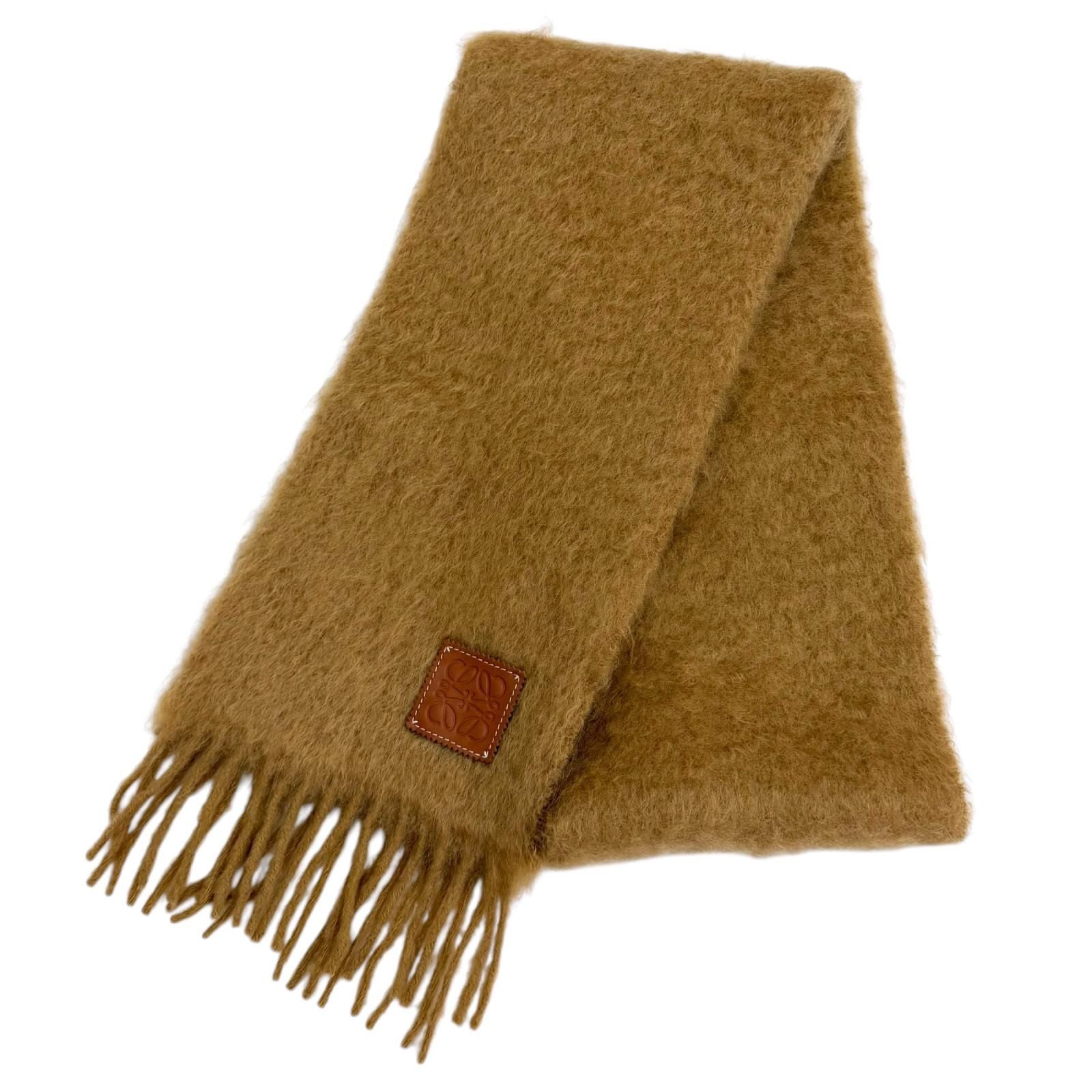 Loewe a Mohair Wool Blend Leather Anagram Patch with Fringe Scarf Brown