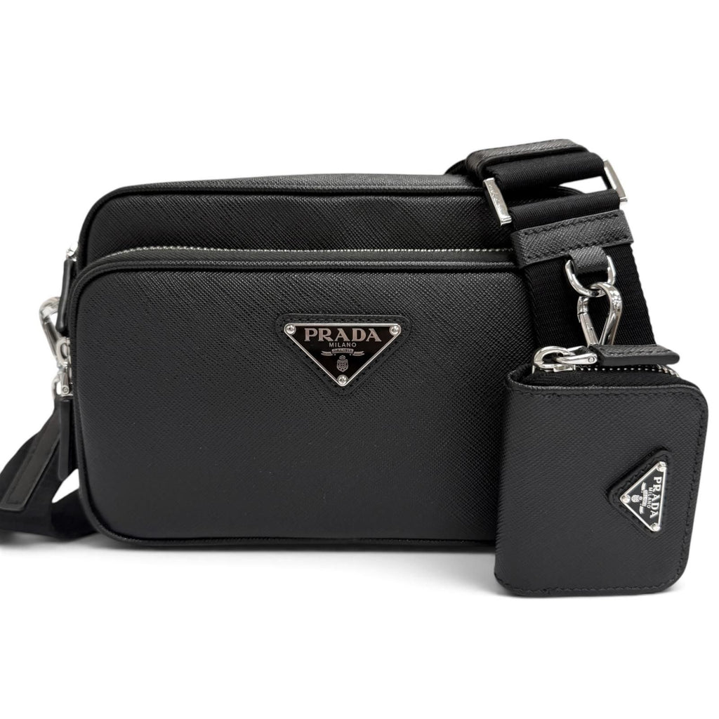 Prada Saffiano Leather Triangle Logo Shoulder Bag Black