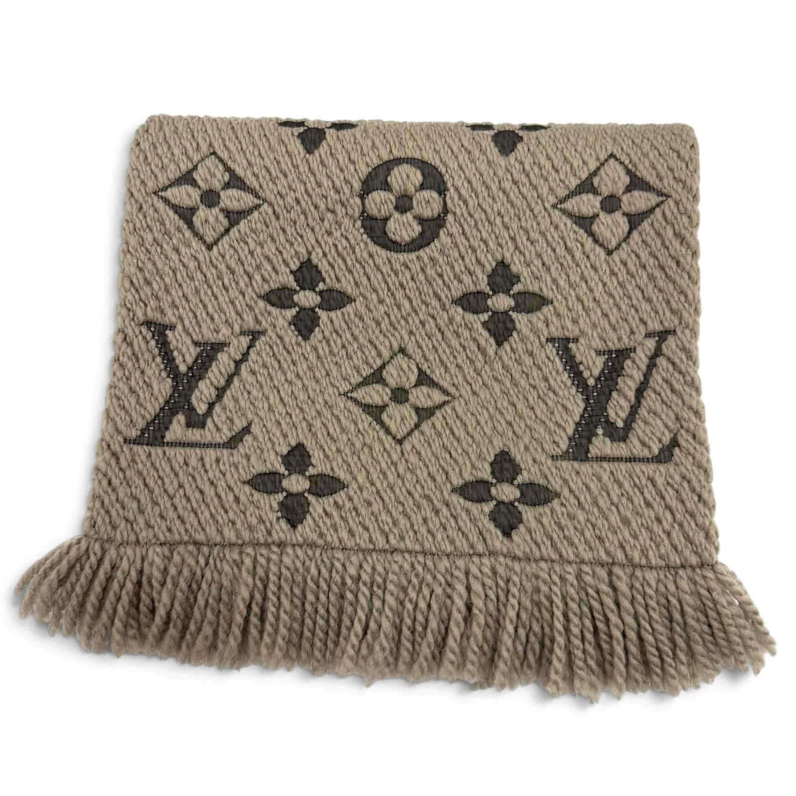 Louis Vuitton Logomania Scarf Monogram Wool Silk Fringed Greige