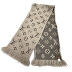 Louis Vuitton Logomania Scarf Monogram Wool Silk Fringed Greige — view 3