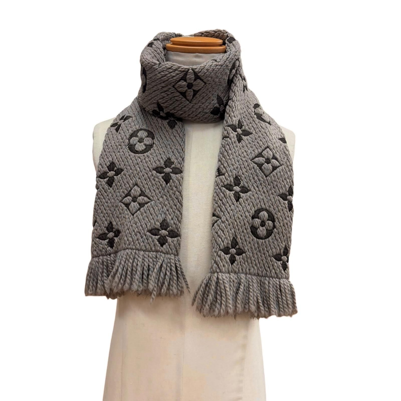 Louis Vuitton Logomania Scarf Monogram Wool Silk Fringed Greige — view 2