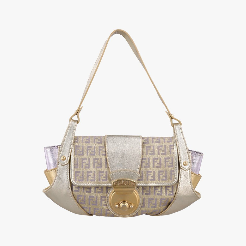 Fendi Zucchino Turnlock Gold Multicolor Canvas Leather