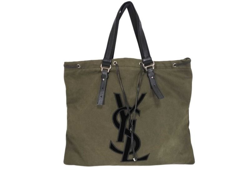 Saint Laurent Tote Bag Rive Gauche Khaki Brown Canvas Leather