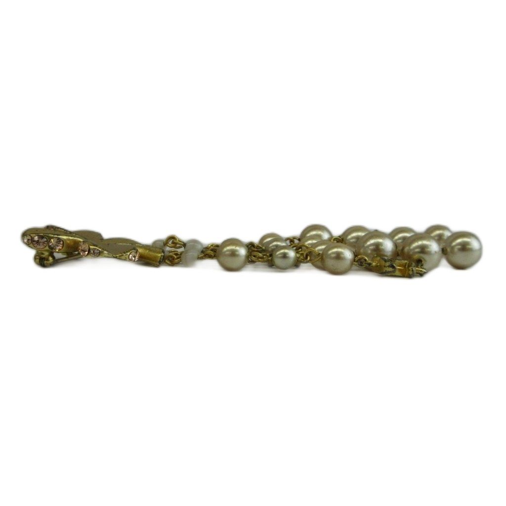 Chanel Brooch CC Logo Clover Faux Pearl Chain Fringe Gold Color — view 3