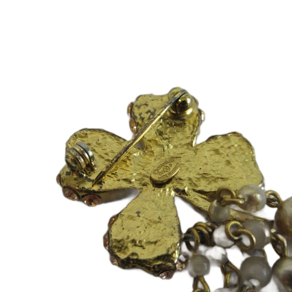 Chanel Brooch CC Logo Clover Faux Pearl Chain Fringe Gold Color — view 8