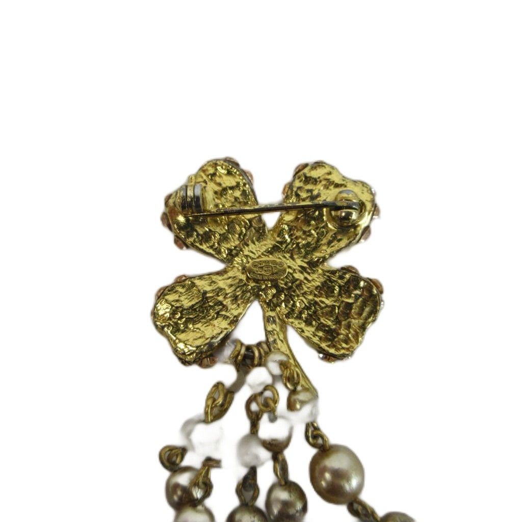 Chanel Brooch CC Logo Clover Faux Pearl Chain Fringe Gold Color — view 6
