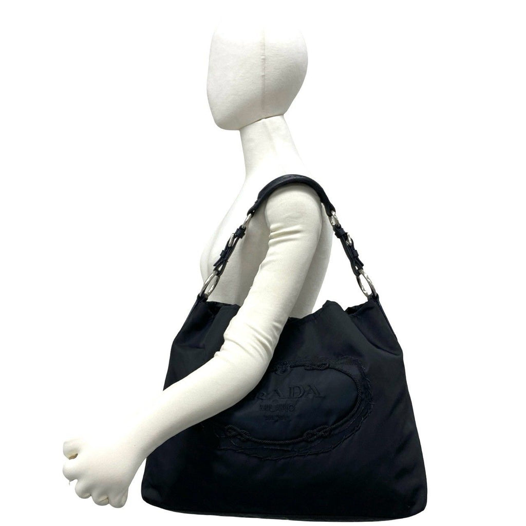 Prada Logo Nylon Leather Shoulder Bag Tote Black — view 2