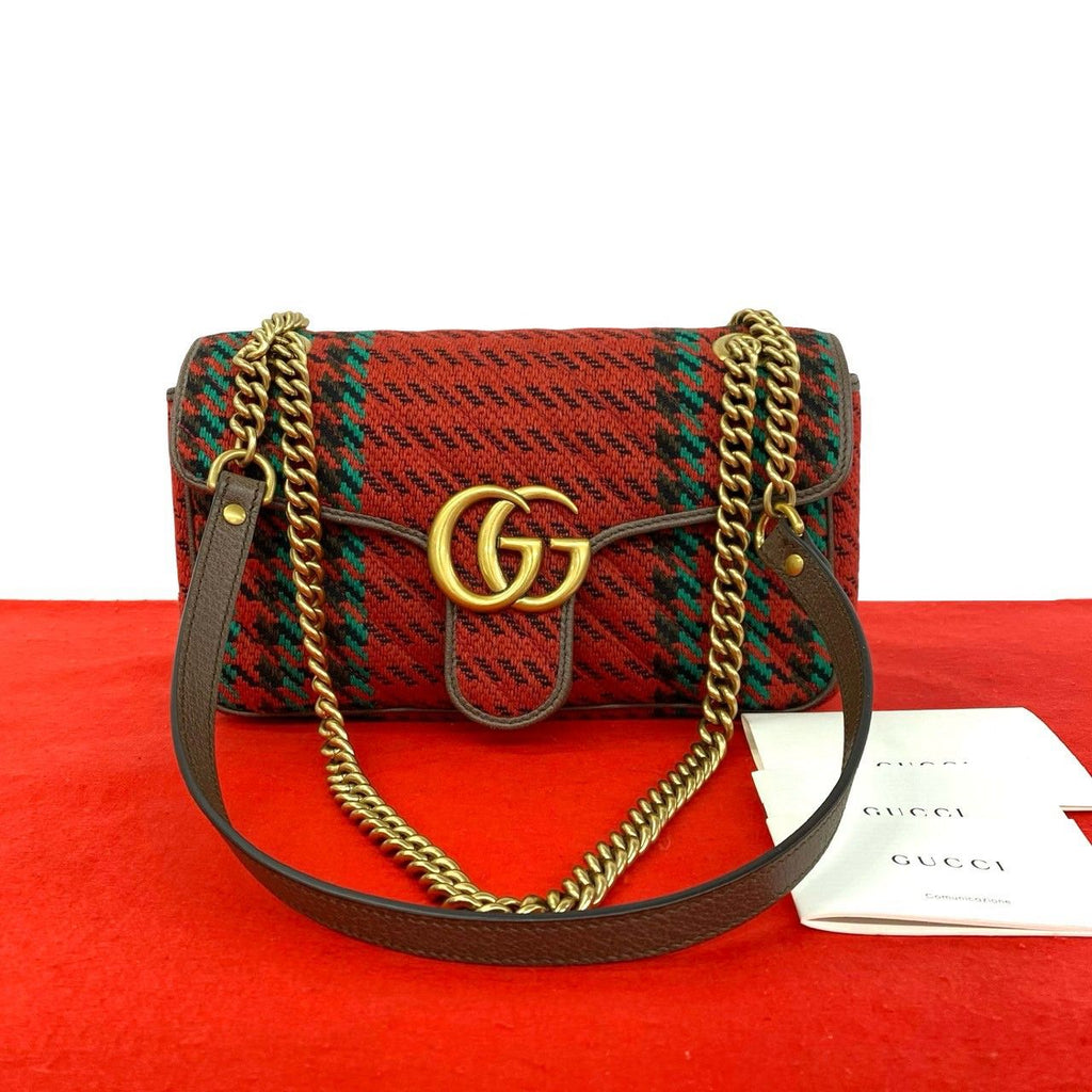 Gucci GG Marmont Logo Tweed Leather Shoulder Bag Semi