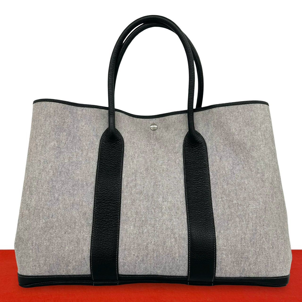 Hermes Garden Party GM Toile H Buffalo Leather Tote Bag Gray Black