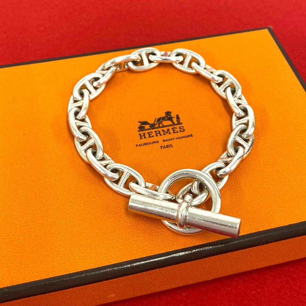 Hermes Chaine D'ancre MM 19 Links Bracelet Cursive Logo 925 Sterling Silver