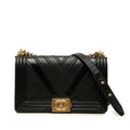 Chanel 25 V-stitch Chevron Chain Shoulder Bag Crossbody Black Gold Caviar