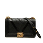 Chanel 25 V-stitch Chevron Chain Shoulder Bag Crossbody Black Gold Caviar