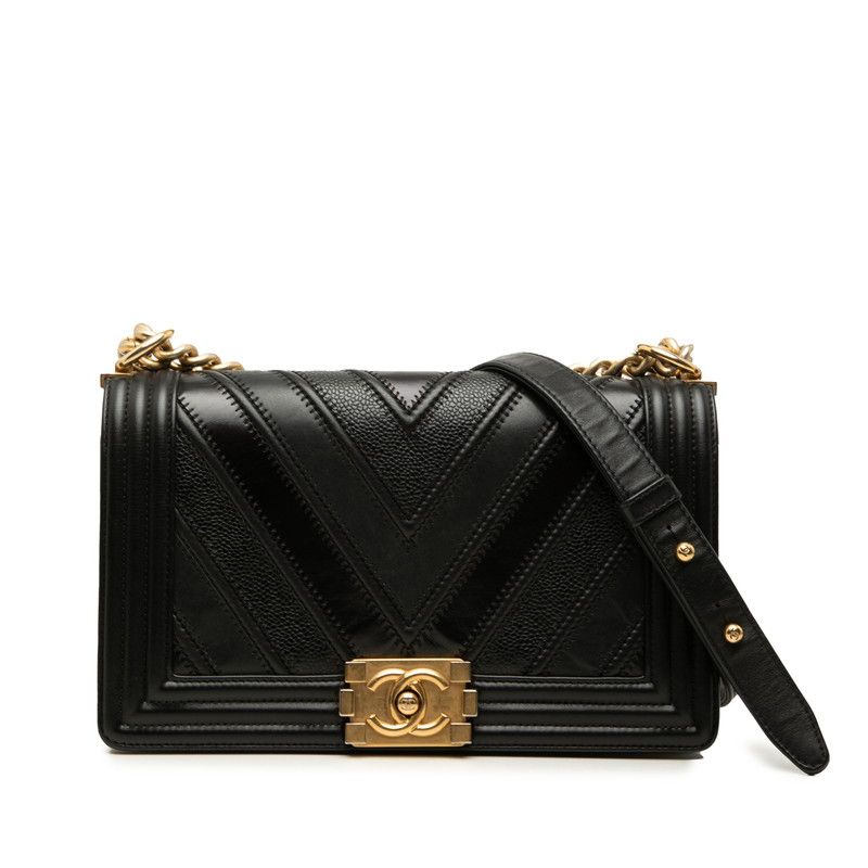 Chanel 25 V-stitch Chevron Chain Shoulder Bag Crossbody Black Gold Caviar