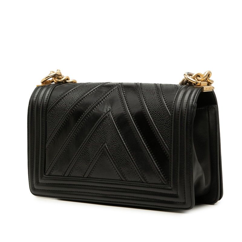 Chanel 25 V-stitch Chevron Chain Shoulder Bag Crossbody Black Gold Caviar — view 2