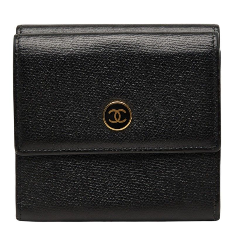 Chanel CC Logo Bifold Wallet Black Gold Leather
