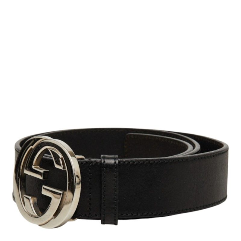 Gucci Interlocking G GG Logo Buckle Belt Black Silver Leather — view 2
