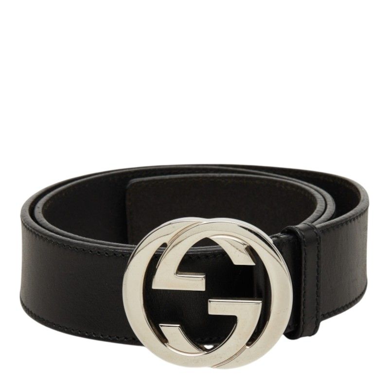 Gucci Interlocking G GG Logo Buckle Belt Black Silver Leather