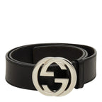 Gucci Interlocking G GG Logo Buckle Belt Black Silver Leather