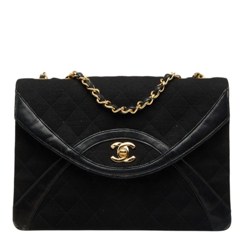 Chanel Vintage Quilted CC Logo Chain Shoulder Bag Black Gold Cotton Leather