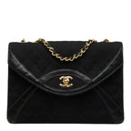 Chanel Vintage Quilted CC Logo Chain Shoulder Bag Black Gold Cotton Leather