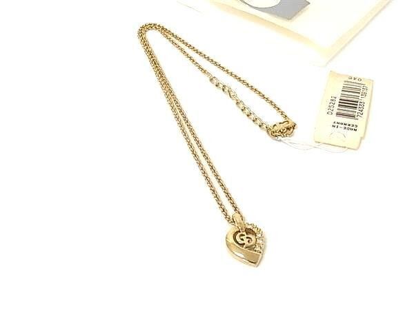 Dior Necklace Heart Logo Gold Metal Rhinestone Vintage