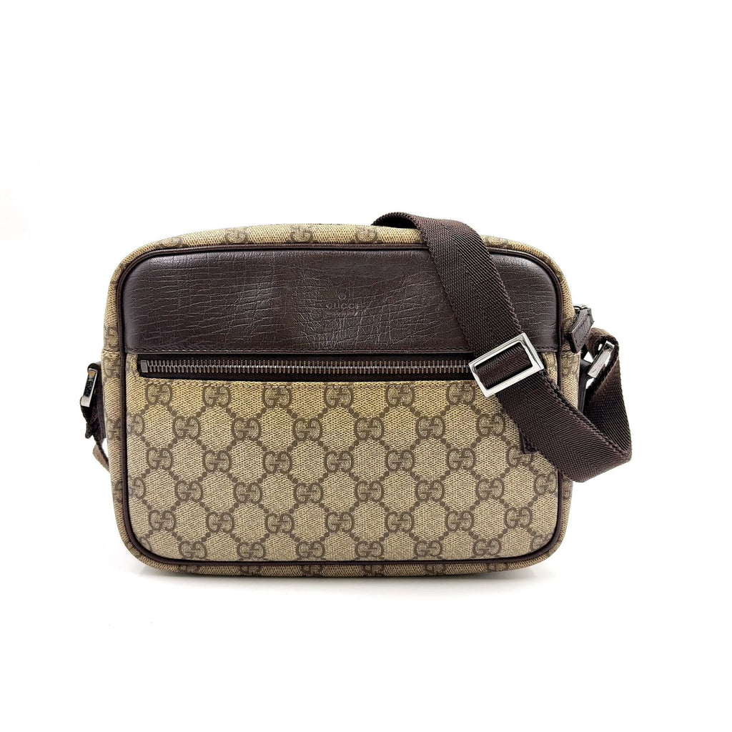 Gucci GG Plus Leather Dark Brown Beige Shoulder Bag Silver