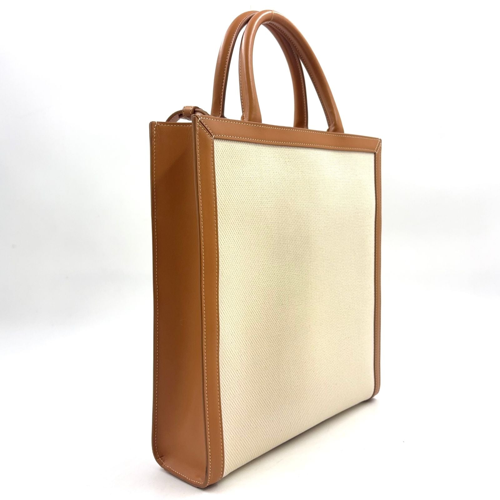 Celine Vertical Cabas Small 2-Way Leather Canvas Off White Light Brown Tote — view 2