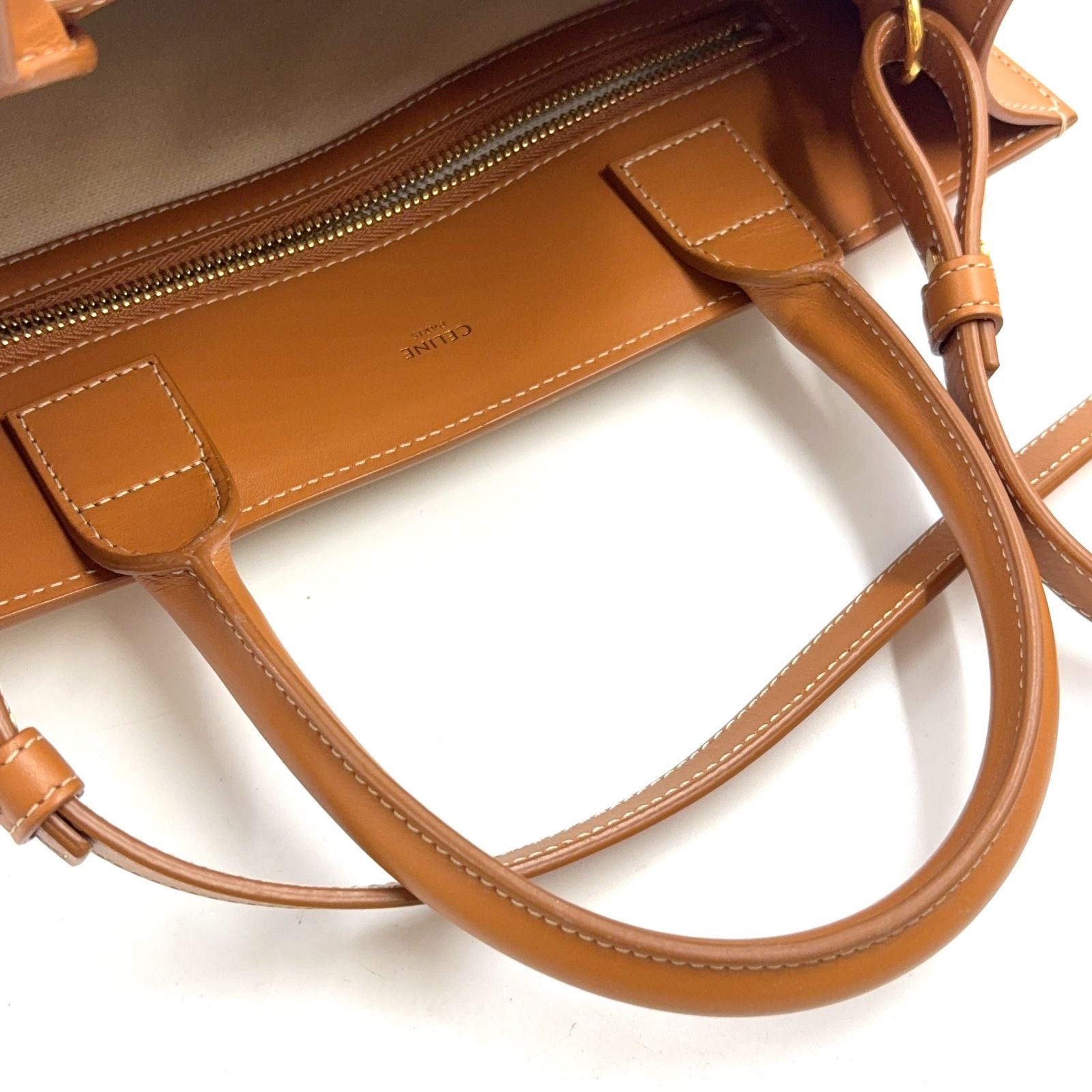 Celine Vertical Cabas Small 2-Way Leather Canvas Off White Light Brown Tote — view 6