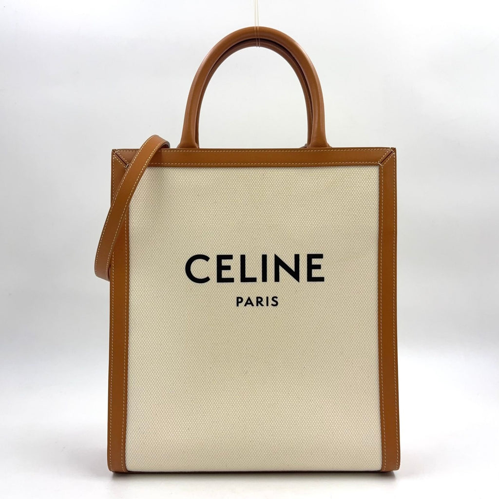 Celine Vertical Cabas Small 2-Way Leather Canvas Off White Light Brown Tote